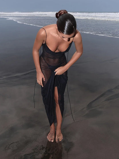 Sheer Mesh Swing Neck Midi Dress