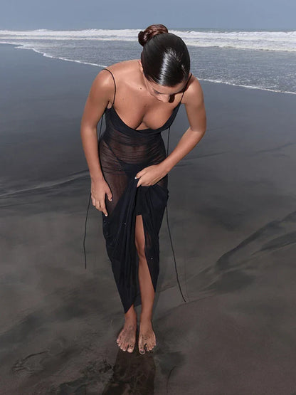 Sheer Dotted Mesh Cowl Neck Spaghetti Strap Tie Back Slip Maxi Dress