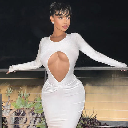 Long Sleeve Teardrop Keyhole Cutout Shimmer Knit Ruched Waist Midi Dress