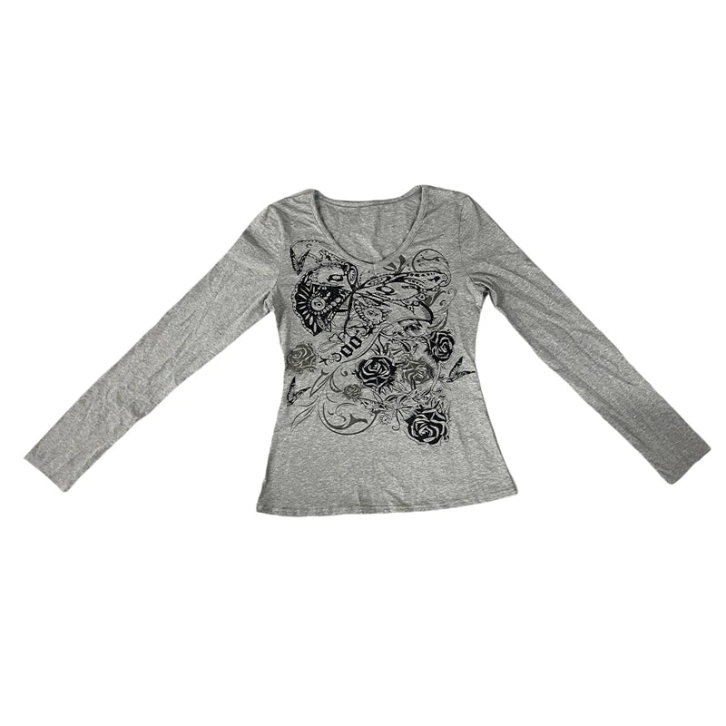 y2k Fairy Grunge Tops Gothic Aesthetic Floral Print V Neck Long Sleeve T Shirt Women Clothes Basic Sweats Streetwear