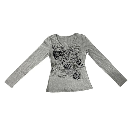 y2k Fairy Grunge Tops Gothic Aesthetic Floral Print V Neck Long Sleeve T Shirt Women Clothes Basic Sweats Streetwear