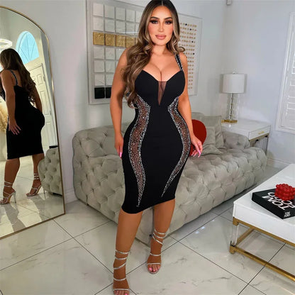 Rhinestone Mesh Illusion Plunging Halter Bodycon Midi Dress