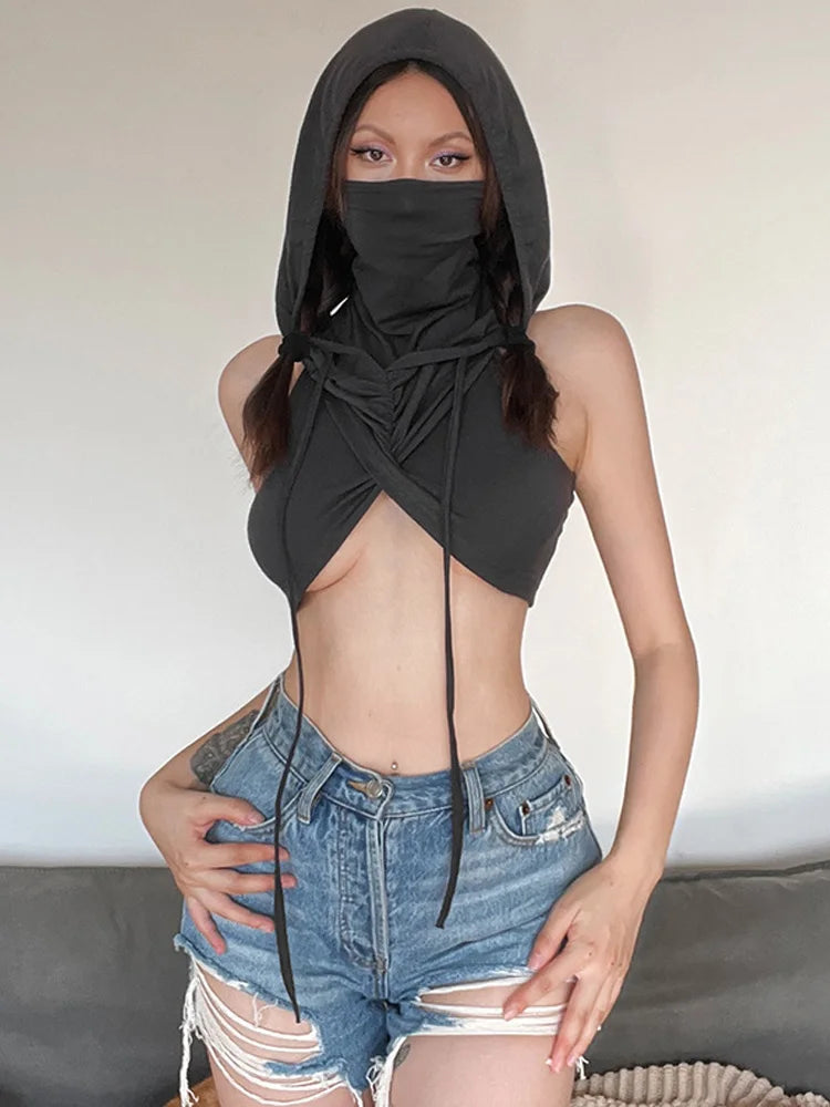 Summer Fashion Trend Solid Colour Y2k Tops New Casual Hooded Lace-Up Crop Top Sexy Slim High Neck Sleeveless Women Clothing
