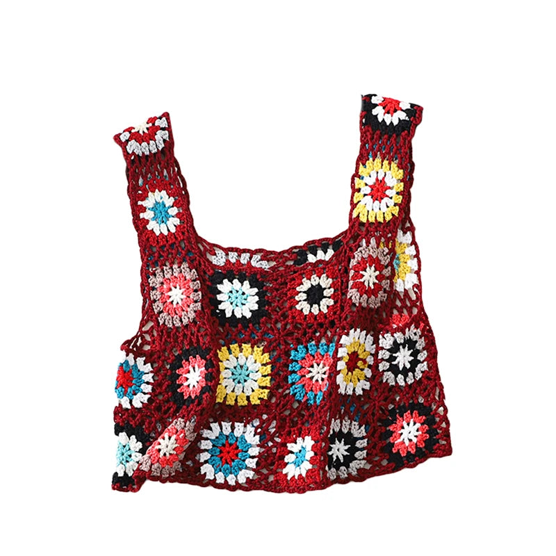 Knitted Crochet Crop Top 2000s Women Floral Embroidery Hollow Out Sleeveless Tshirt Vest y2k Beach Clothes Streetwear