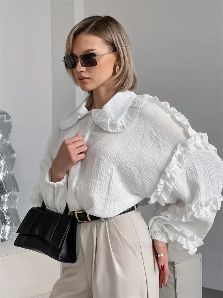 Ruffled White Loose Shirts For Women Long Sleeve Elegant Fashion Autumn Solid Casual Outwear Female Shirts Coat Summer New