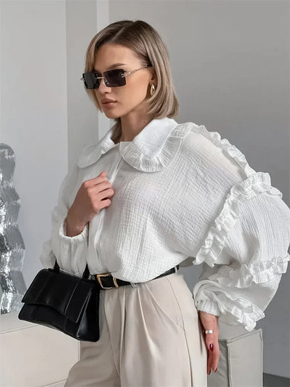 Ruffled White Loose Shirts For Women Long Sleeve Elegant Fashion Autumn Solid Casual Outwear Female Shirts Coat Summer New