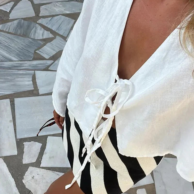 Lace Up Bow Cotton Linen Flare Sleeve Blouse