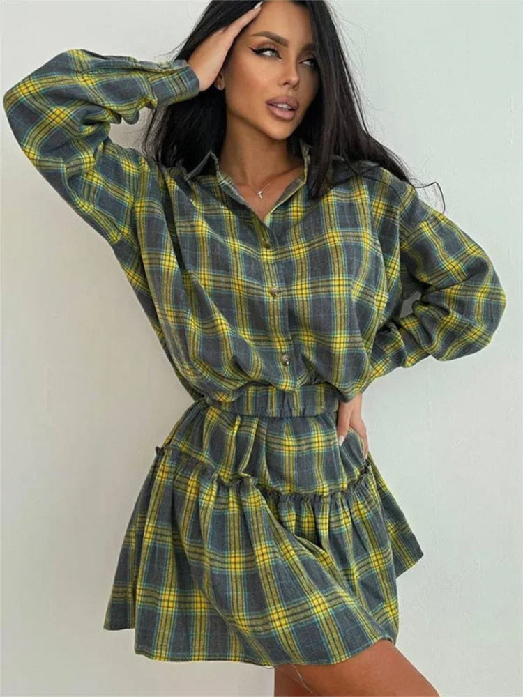 Female 2 Piece-Set Pleated Skirts Fashion Contrast Lapel High Waist Spring 2025 Shirts Outfits Women’s Mini Skirt Sets New