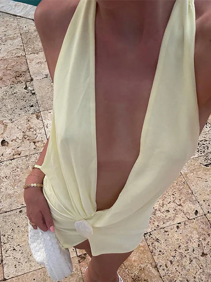 Halter Deep V-Neck Buckle Waist Wrap Tulip Mini Dress