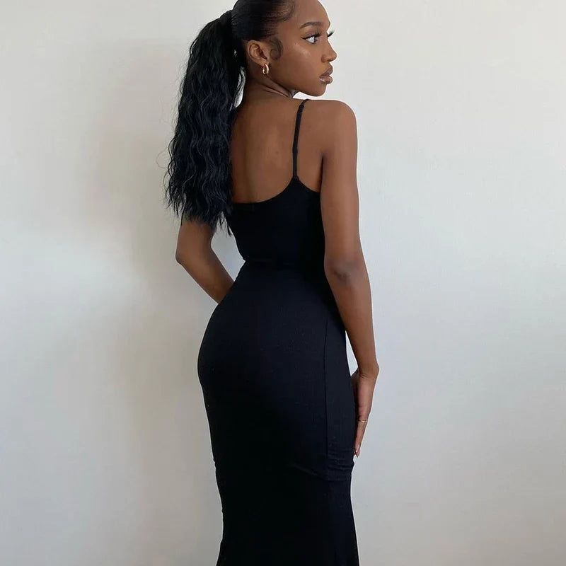 Spaghetti Strap Scoop Neck Ribbed Bodycon Floor Length Maxi Dress