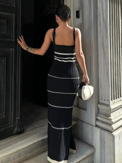 Striped Knit Scoop Neck Open Crochet Panel Midi Dress
