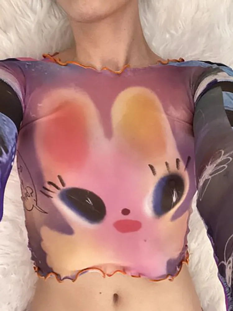Summer New Fashion Fairy Tale Style Y2k Top Casual O-Neck Long Sleeve Shirts For Women Net Yarn Slightly Sheer Graphic T Shirts