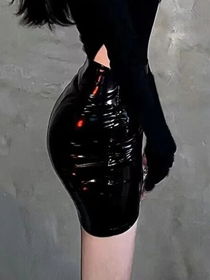 Shiny Black PU Leather High-Waisted Slim Pencil Skirt