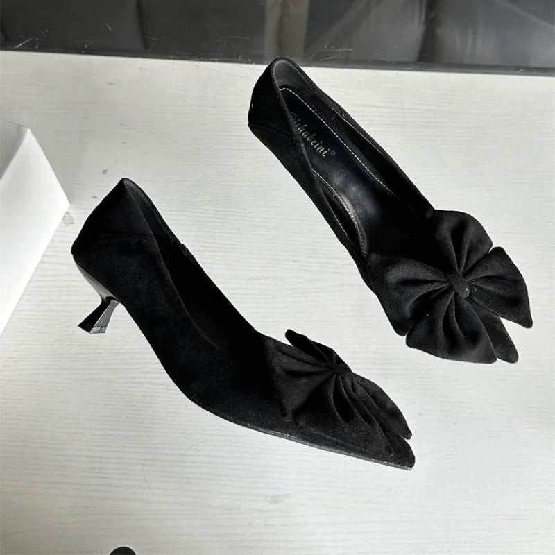 Autumn Elegant Butterfly Knot Stylish Pointed Toe Stiletto Low Heel Pumps