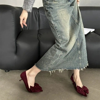 Autumn Elegant Butterfly Knot Stylish Pointed Toe Stiletto Low Heel Pumps