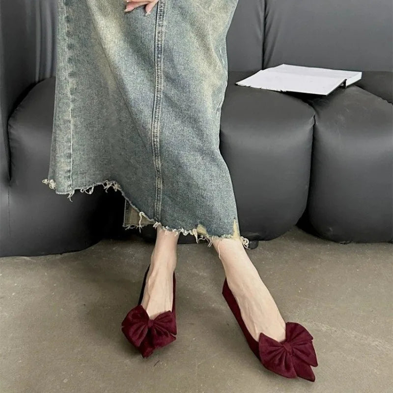 Autumn Elegant Butterfly Knot Stylish Pointed Toe Stiletto Low Heel Pumps