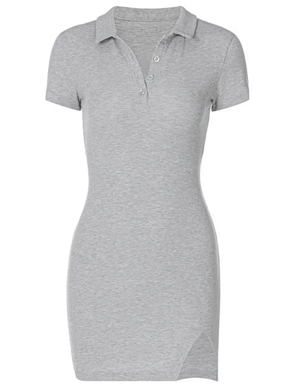 Polo Collar Button Placket Ribbed Knit Side Slit Mini Dress