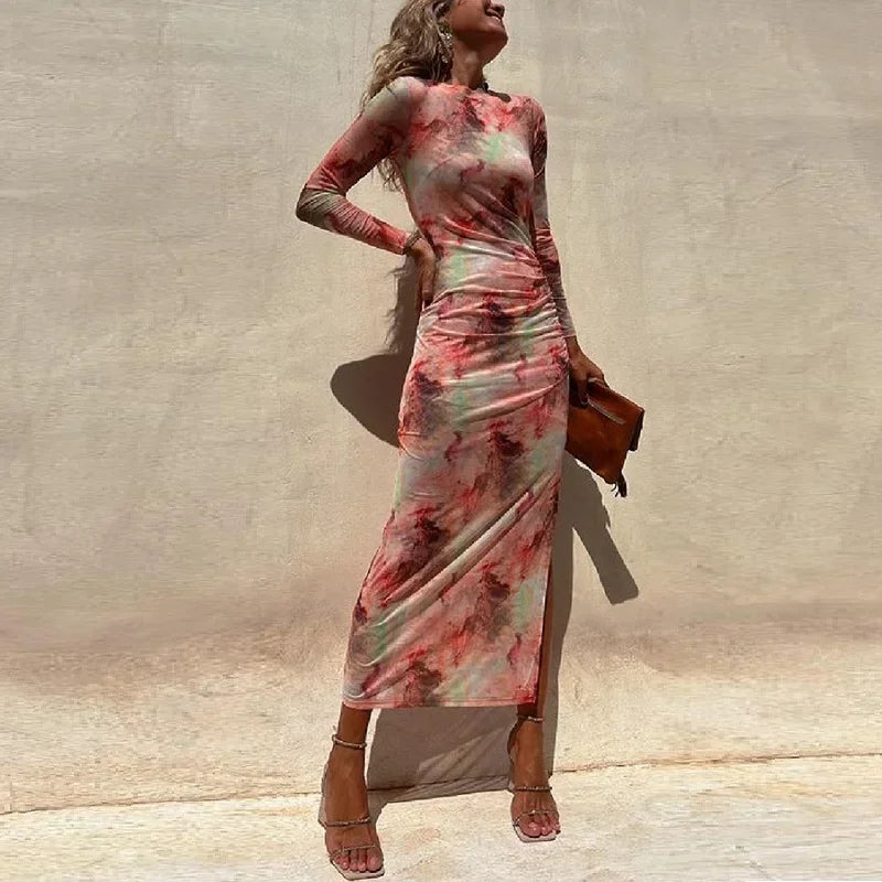 Skinny Mesh Long Sleeve Split Spring/Summer Print Slim Fit Elastic Maxi Dress