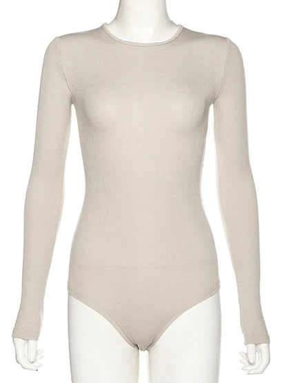 Slim Ladies Sexy Bodysuit Solid Fashion Skinny Bodycon Women Bodysuit Long Sleeveles O-Neck Casual Black Beige Female Bodysuit