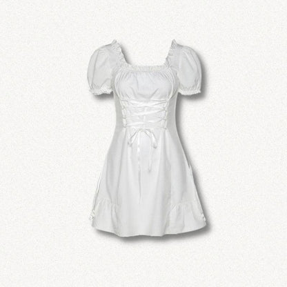 Square Neck Lace Trim Lace Up Corset Puff Sleeve Ruffle Hem Mini Dress