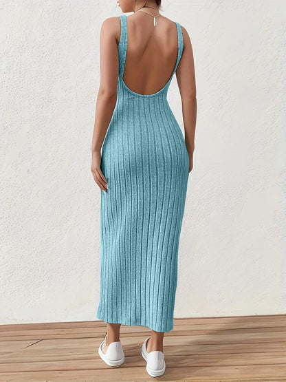 Rib Knit Round Neck Sleeveless Bodycon Maxi Dress