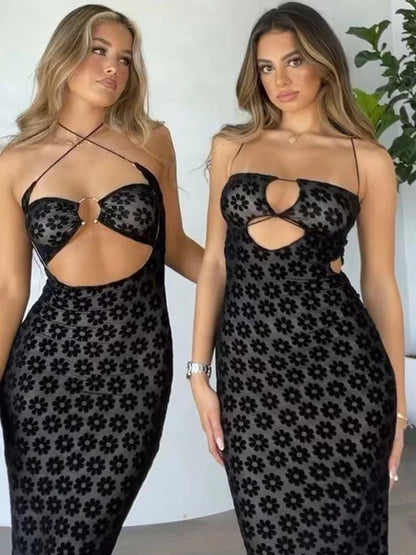 Solid Color Hanging Neck Maxi Dress Sexy Hollow Women Perspective Bag Hips Robe Female Street Trendy Dresses Clothing