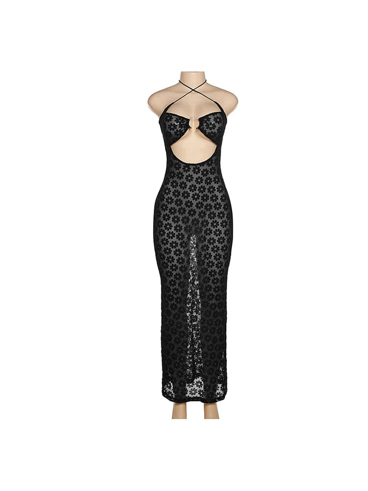 Solid Color Hanging Neck Maxi Dress Sexy Hollow Women Perspective Bag Hips Robe Female Street Trendy Dresses Clothing