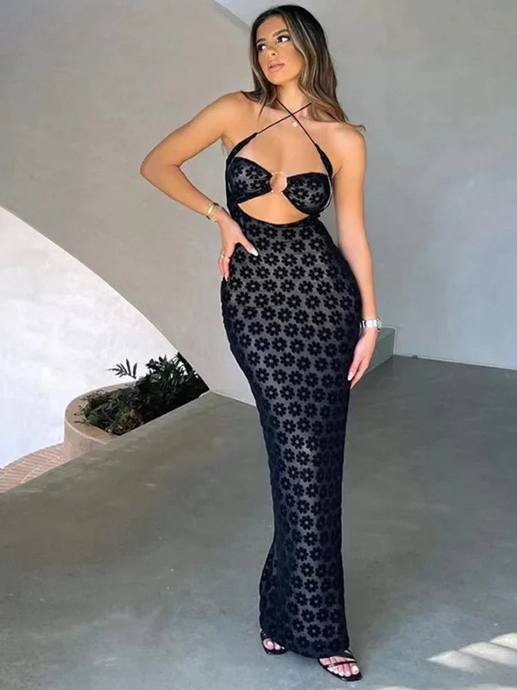 Halter Ring Keyhole Floral Burnout Crop Top and Midi Skirt Set