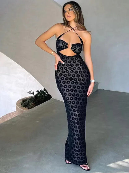 Halter Ring Keyhole Floral Burnout Crop Top and Midi Skirt Set