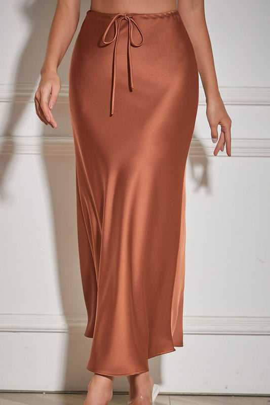 Solid Color Satin Drawstring Midi Skirt