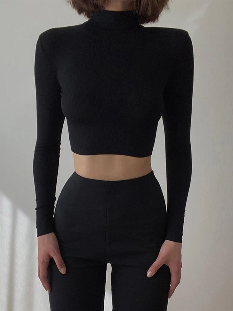 Solid Nude Turtleneck Cropped T Shirt Women Autumn Casual Long Sleeve T-shirt Ladies Skinny Basic Tee Shirt Femme