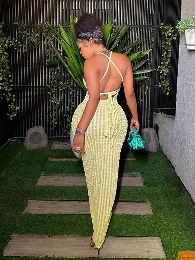 Popcorn Knit Halter Neck Scoop Neck Bodycon Maxi Dress