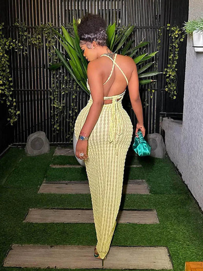 Popcorn Knit Halter Neck Scoop Neck Bodycon Maxi Dress