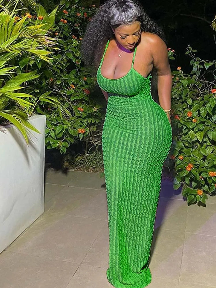 Halter Neck Popcorn Texture Ruched Bodycon Maxi Dress