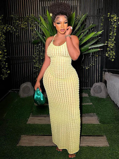 Halter Neck Popcorn Texture Ruched Bodycon Maxi Dress