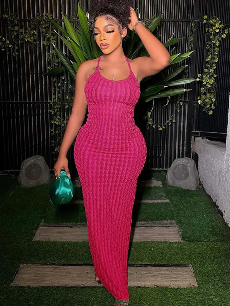 Halter Neck Popcorn Texture Ruched Bodycon Maxi Dress