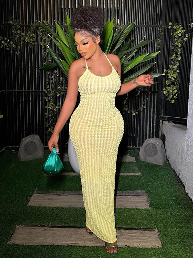 Halter Neck Popcorn Texture Ruched Bodycon Maxi Dress