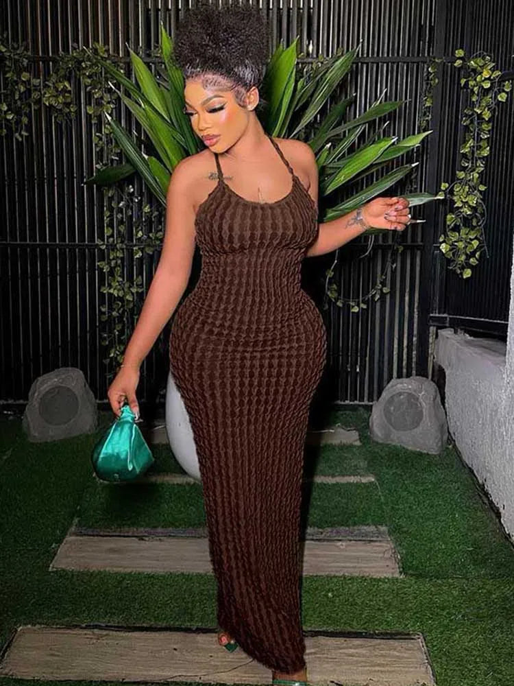 Halter Neck Popcorn Texture Ruched Bodycon Maxi Dress