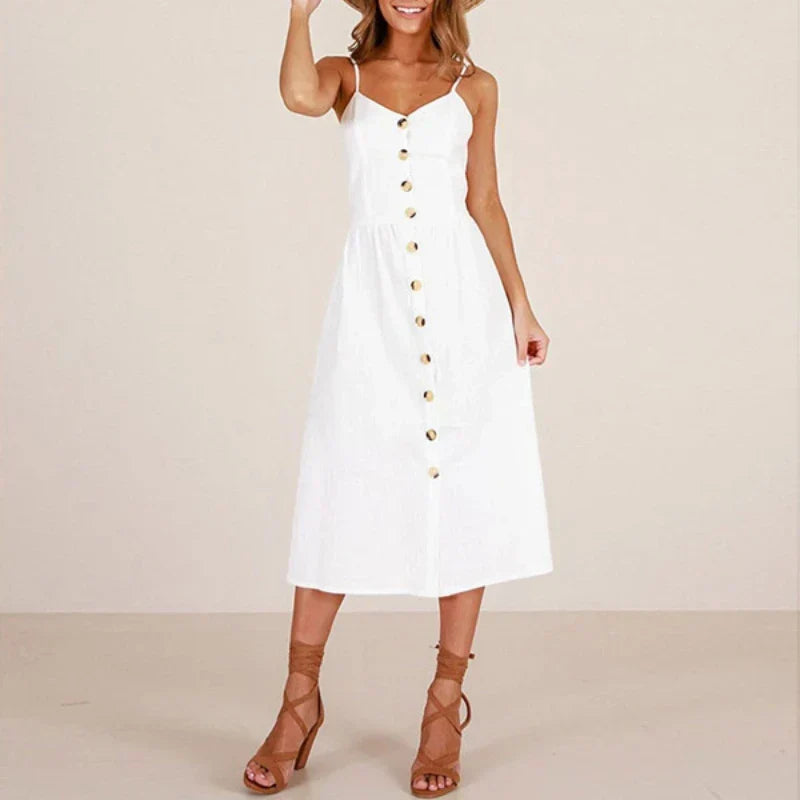 V-Neck Spaghetti Strap Button-Front Waist Seam A-Line Midi Dress