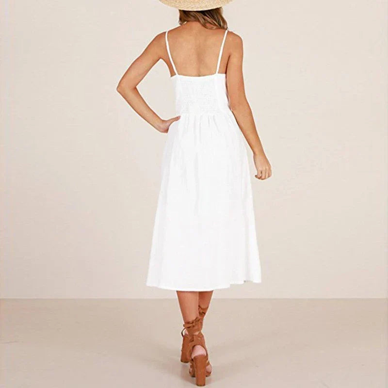V-Neck Spaghetti Strap Button-Front Waist Seam A-Line Midi Dress