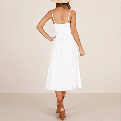 V-Neck Spaghetti Strap Button-Front Waist Seam A-Line Midi Dress