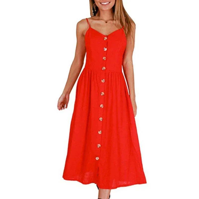 V-Neck Spaghetti Strap Button-Front Waist Seam A-Line Midi Dress