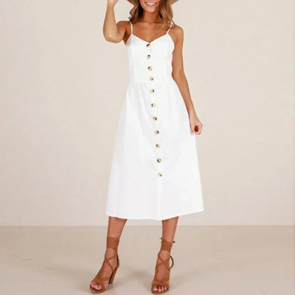 V-Neck Spaghetti Strap Button-Front Waist Seam A-Line Midi Dress