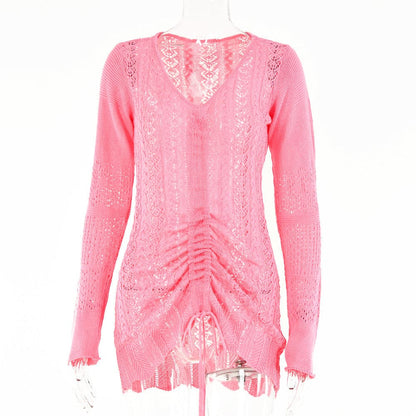 Pointelle Knit Deep V-Neck Bell Sleeve Ruched Drawstring Mini Sweater Dress