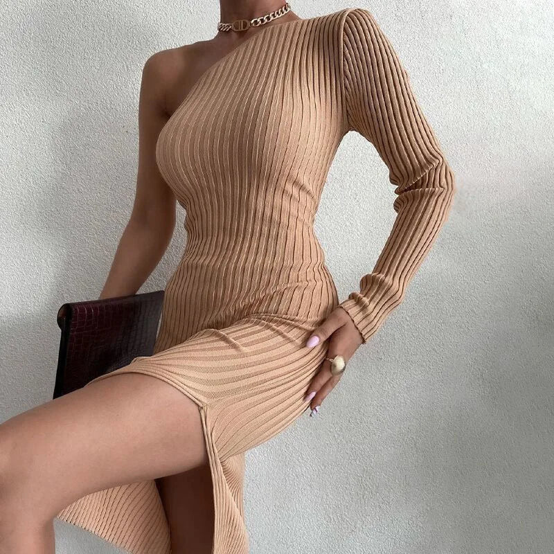 Diagonal Knit Split Midi Dress