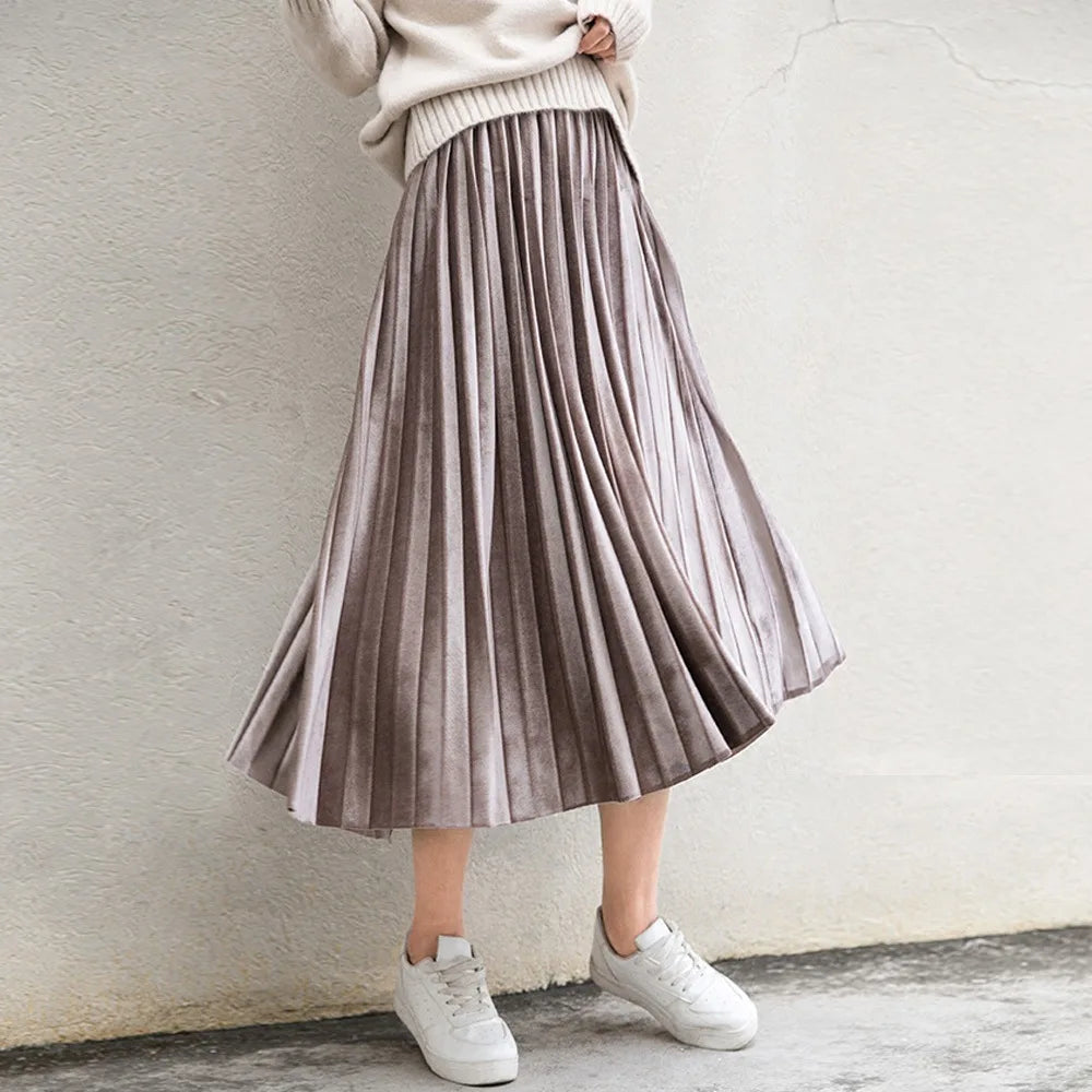 Spring 2025 Women Long Metallic Silver Maxi Pleated Skirt Midi Skirt High Waist Elascity Casual Party Skirt
