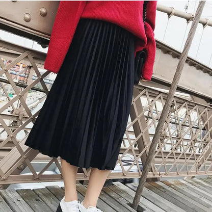 Spring 2025 Women Long Metallic Silver Maxi Pleated Skirt Midi Skirt High Waist Elascity Casual Party Skirt