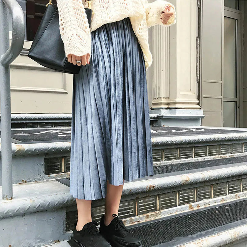 Spring 2025 Women Long Metallic Silver Maxi Pleated Skirt Midi Skirt High Waist Elascity Casual Party Skirt