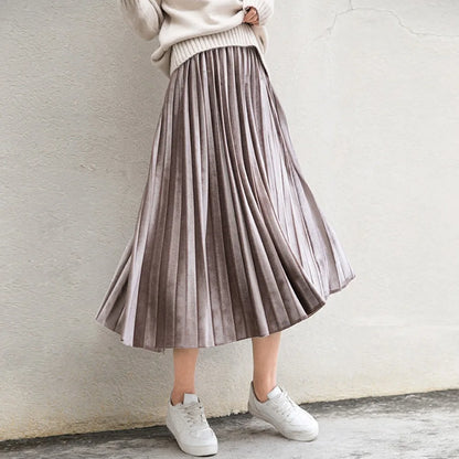 Metallic Pleated Silver High Waist Midi Dress