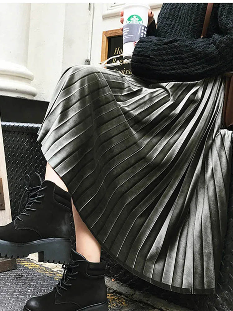 High Waist Accordion Pleated A-Line Midi Skirt